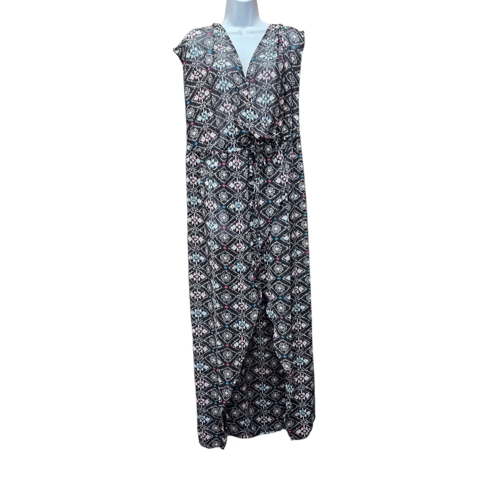 Torrid Dress Womens 2 Black Ikat Chiffon Sheer Maxi Faux Wrap Swim Cover Up